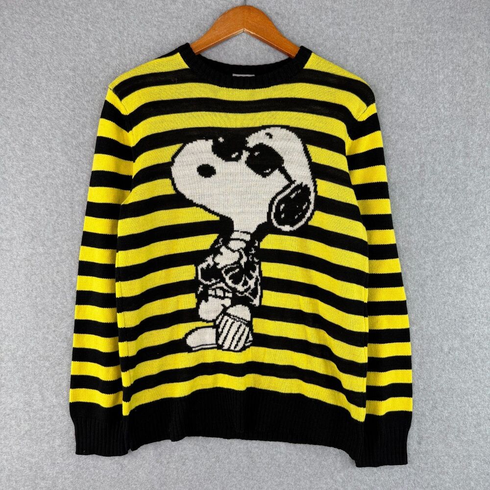 'Peanuts' Snoopy Graphic Yellow/Black Knit Pull Over Sweater Retro Slouchy Sz M - Picture 2 of 9